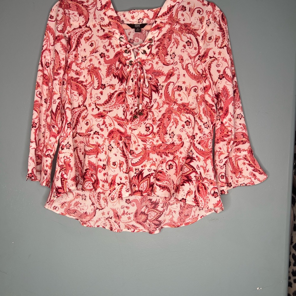 Frye Red Cream Ruffled Tie Front Blouse